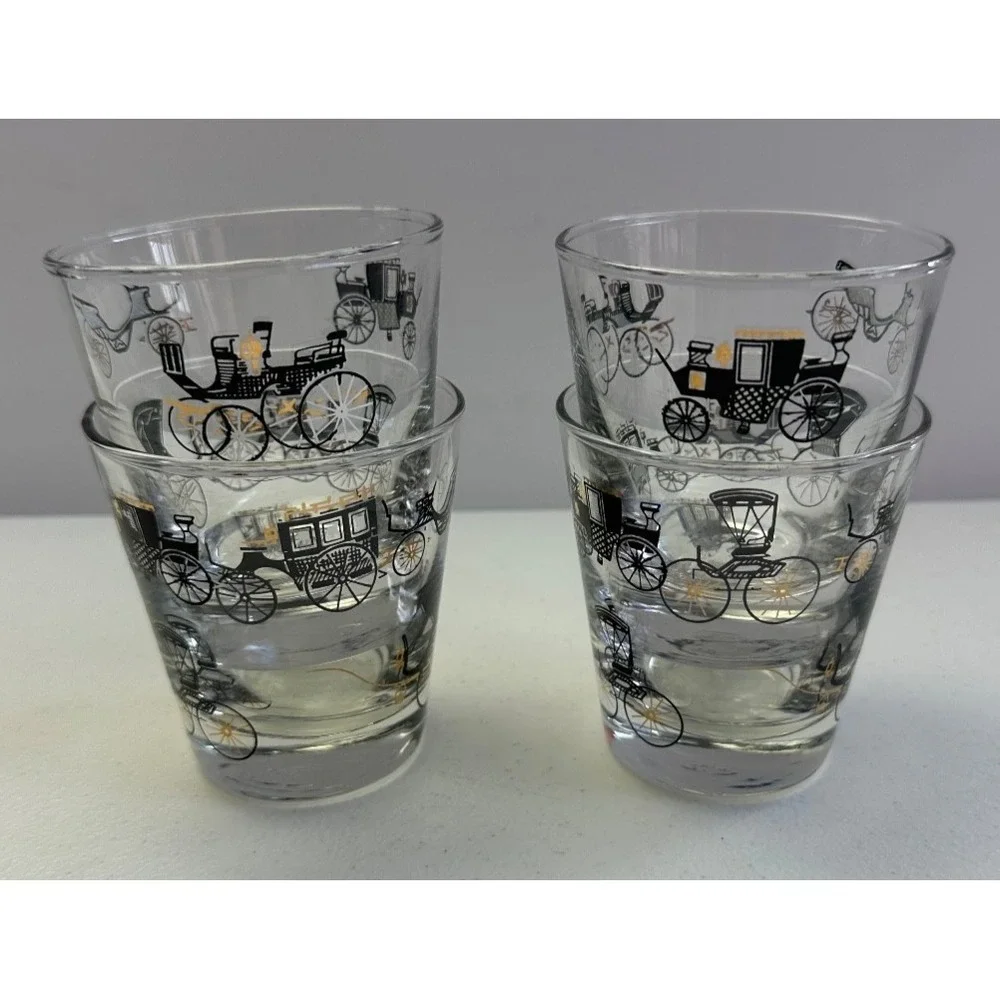 VTG MCM Libbey Bar Glasses Antique Cars Black & Gold Barware Low‎ Ball Set Of 4